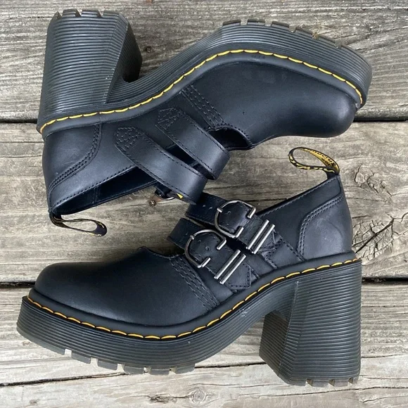 Dr. Martens Eviee Heeled Shoes in Black Sendal Leather Women's Size 6